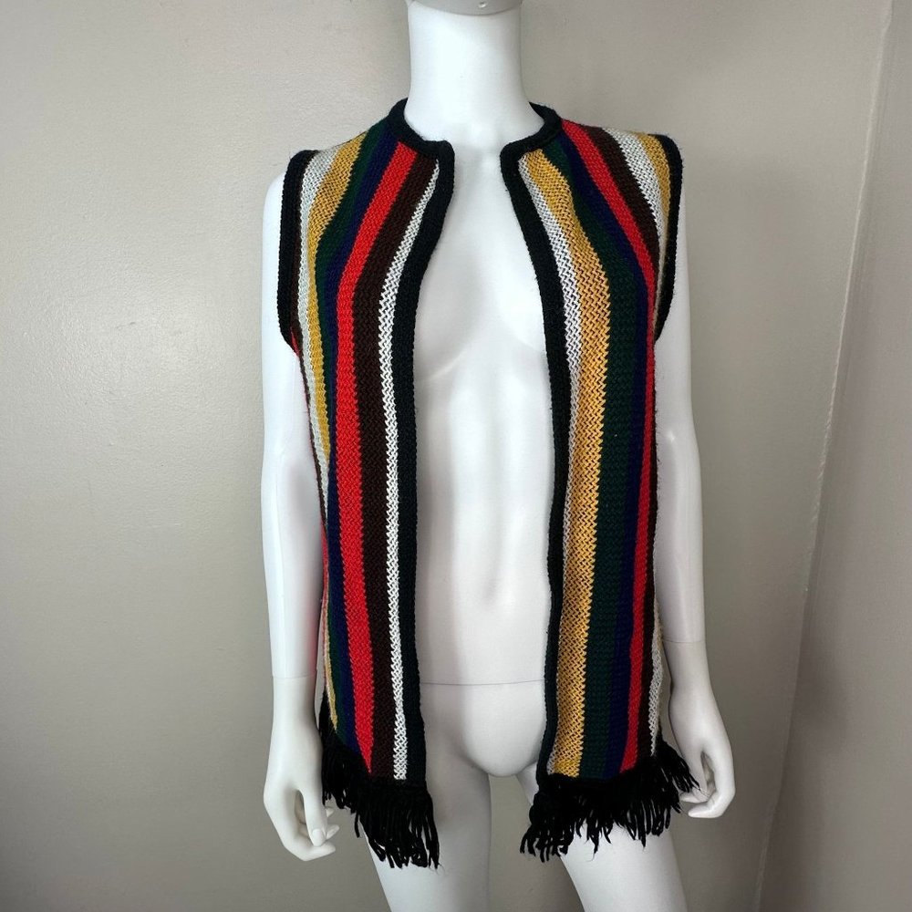 Vintage 1970s Stripe Sweater Vest with Fringe, Sears Size Medium